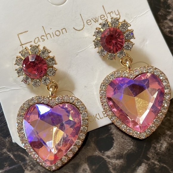 Iridescent Pink Heart Drop Earrings - Picture 9 of 11